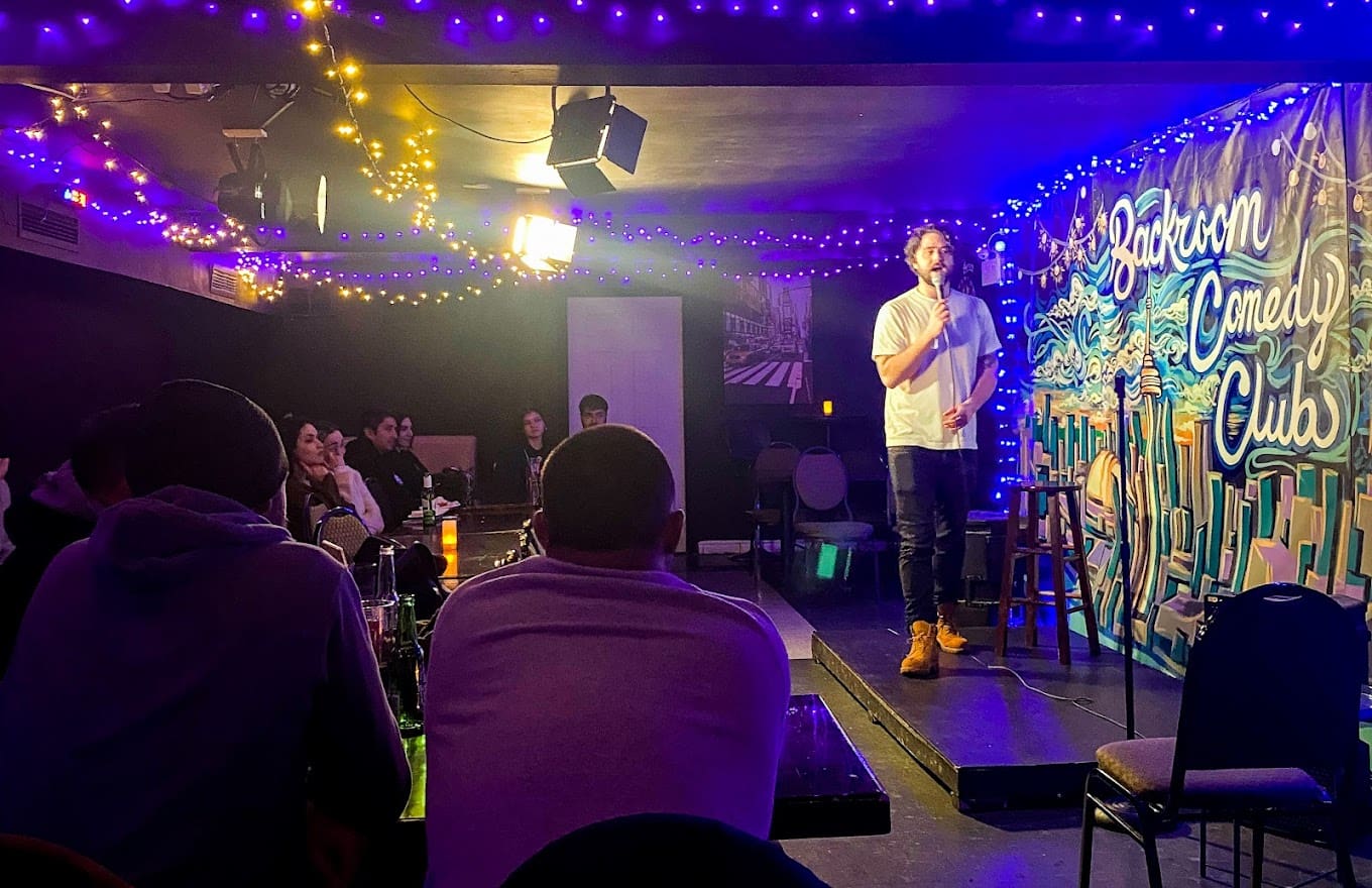 Crowd watching comic at Backroom Comedy Club